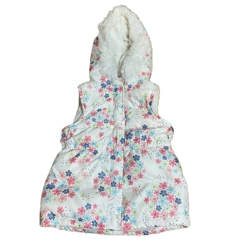 Gymboree Puffer Vest Small 5-6 White Pink Faux Fur Hood Snap Button Floral